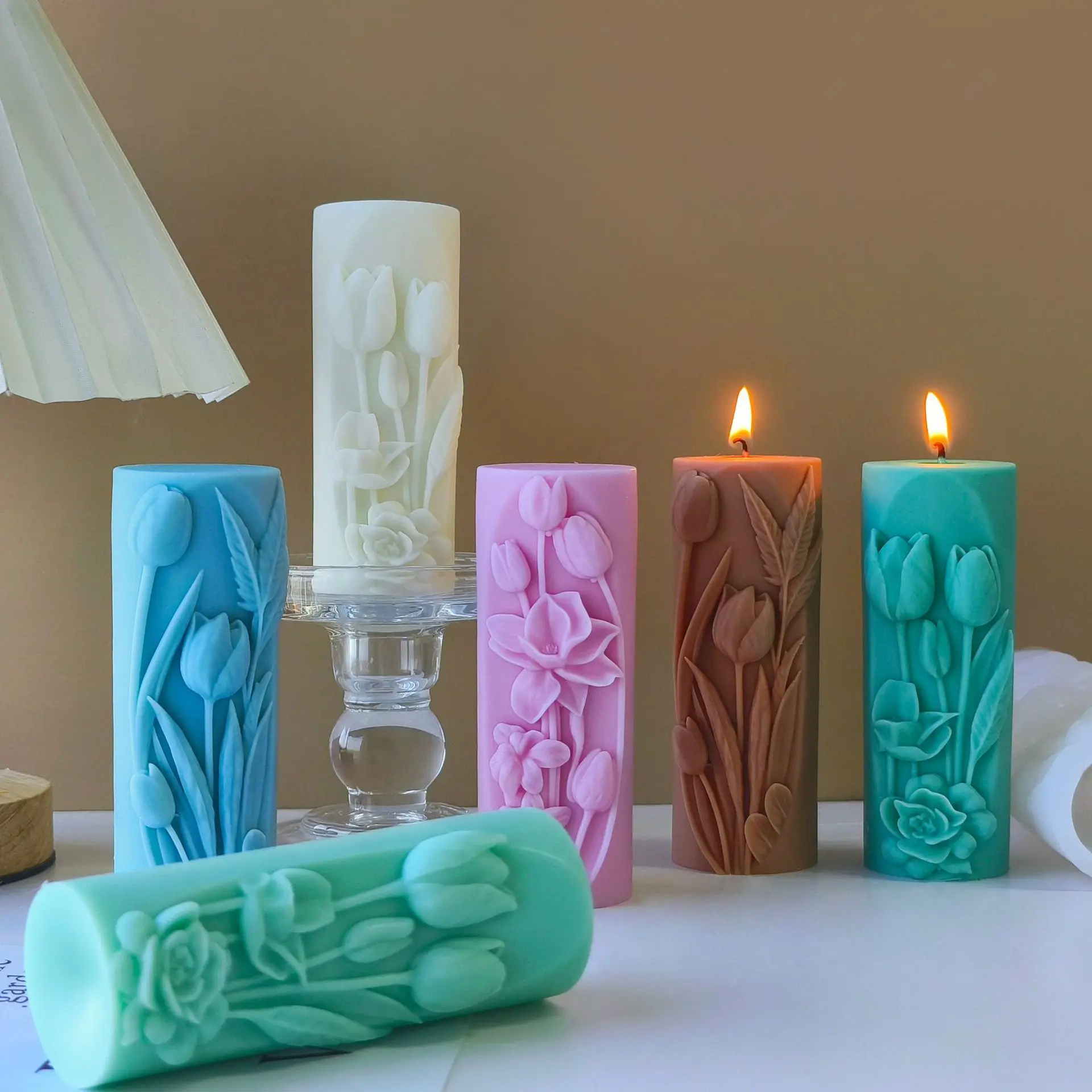 Handmade Aroma Candle Plaster Ornament Mould Creative Pillar Candle Making Molds DIY Tulip Flower Cylinder Silicone Mold