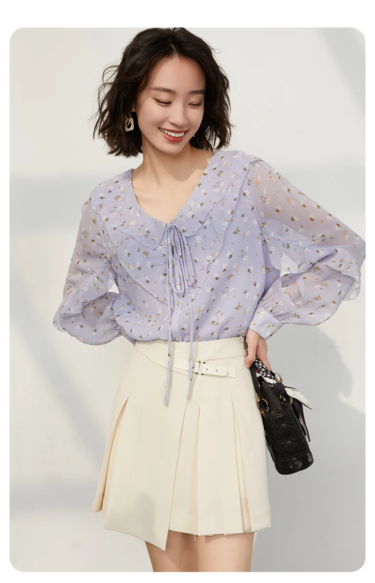 French Silk Shirt With Design Sense 2024 Spring New Lotus Leaf V-neck Long-sleeved Printed Mulberry Silk Shirt RUFFLES Sleeve