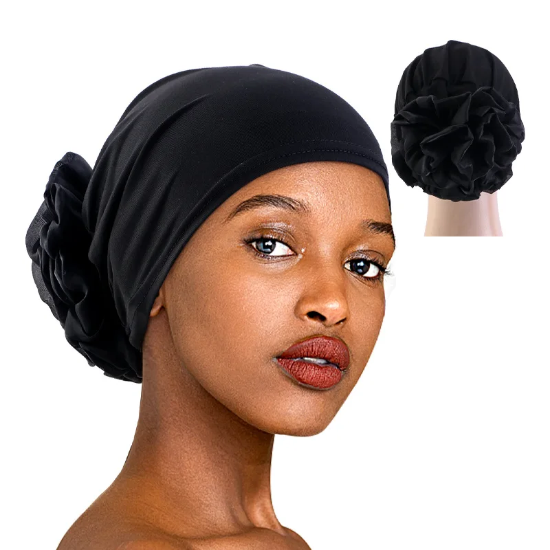 Elegant Women Satin Flower Turban Hat Muslim Headscarf Bonnet Head Wraps for Lady Hair Accessories Headwear Hat Turbante Mejur