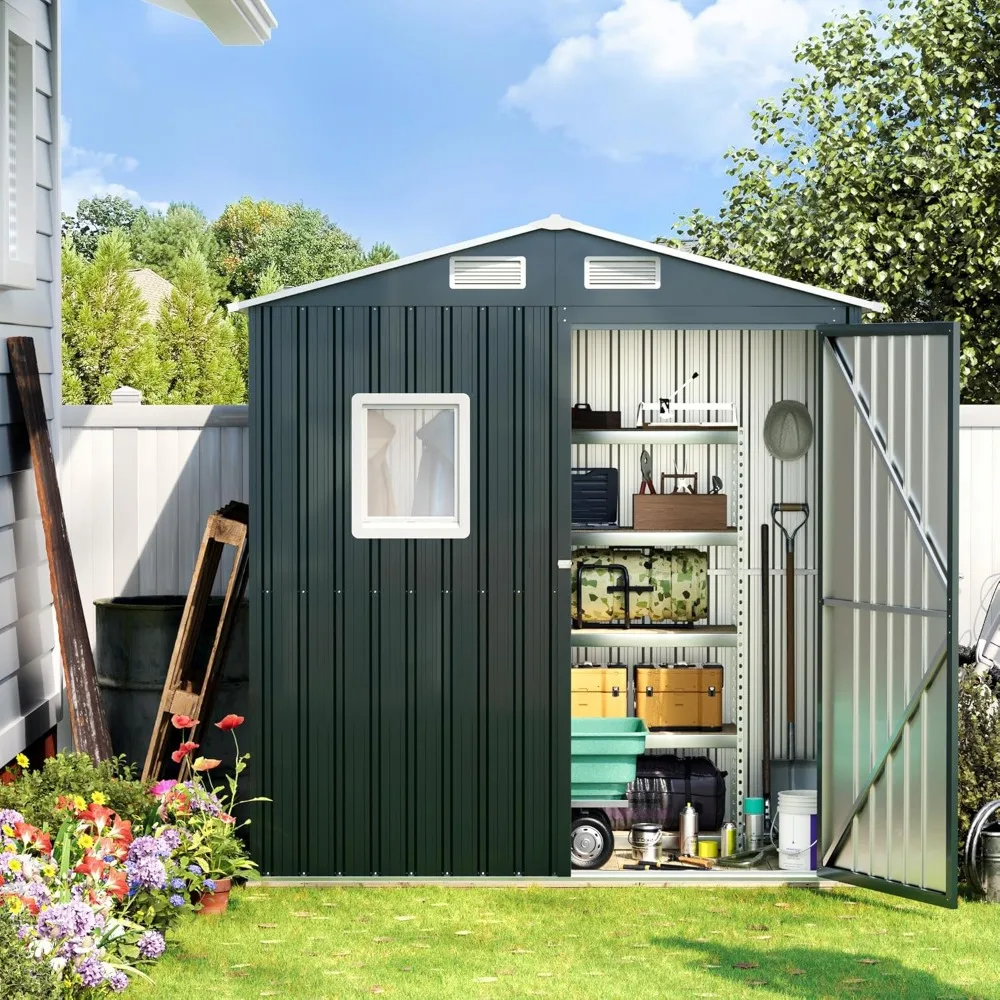 سقيفة تخزين فولاذية خارجية بطول 6 × 4 أقدام مع نافذة شفافة وأبواب قابلة للقفل ومقاومة للطقس للحديقة والفناء الخلفي