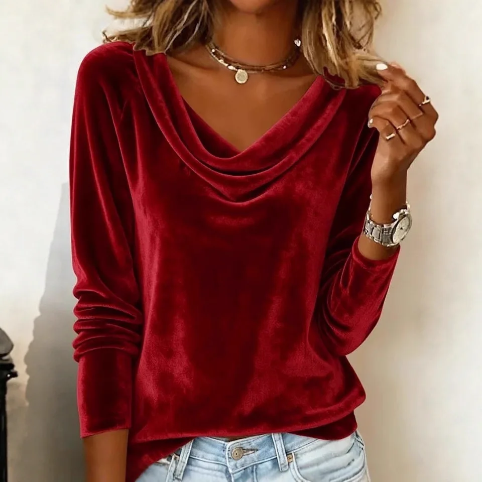 

2025 Fashion Women's New Solid Color Long Sleeve Sexy Velvet T-shirt