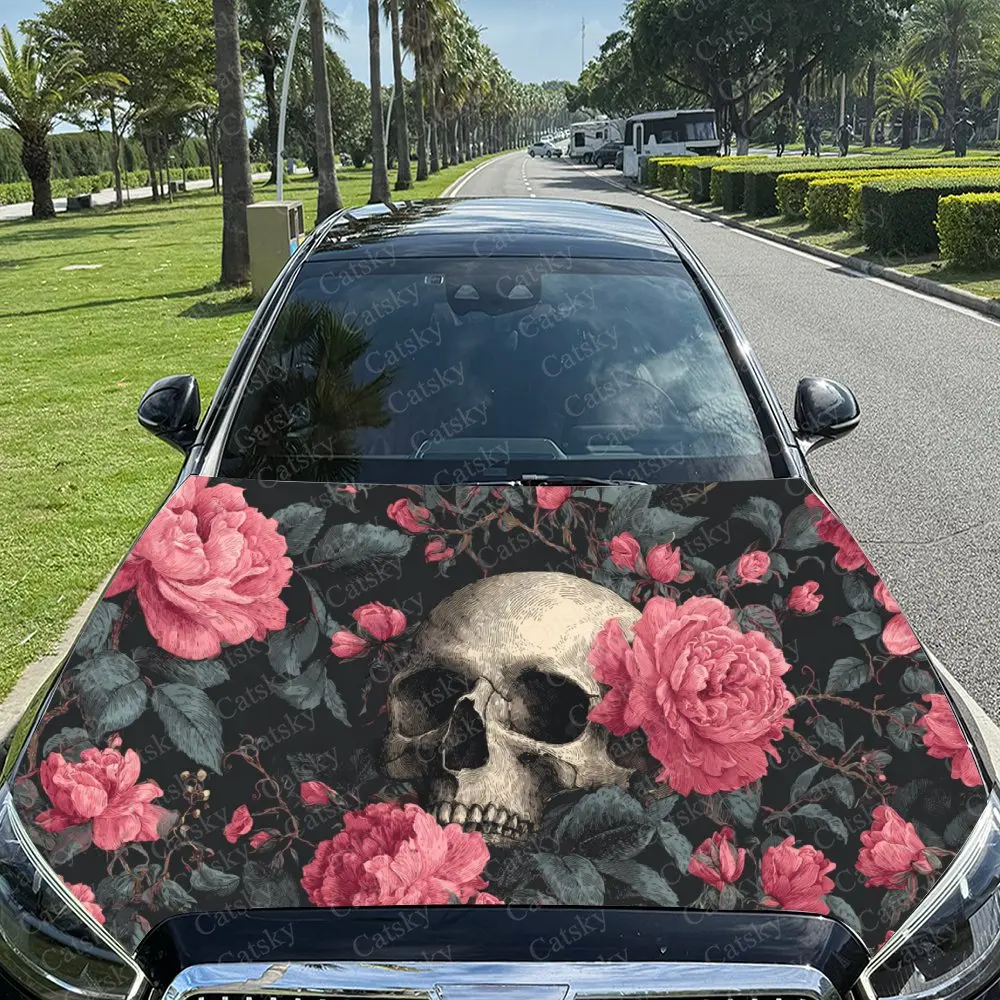 

Car Decal Skull & Pink Rose Element Combination Under Gothic Culture Car Hood Sticker, Waterproof Self - Adhesive PVC Graphics D