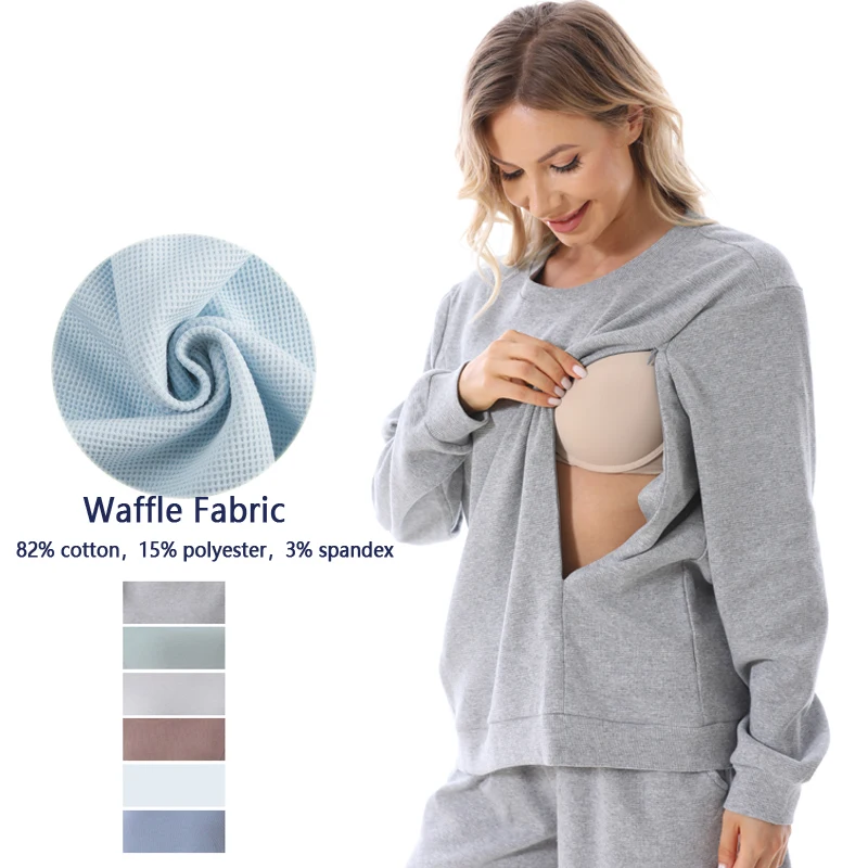 Waffle Texture Maternity Nursing Top Crew Neck Long Sleeve with Side Zipper for Breastfeeding Loose Fit Daily Sweatshirt