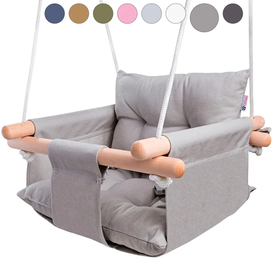 

Canvas Baby Swing Wooden Hanging Swing Seat Chair with Safety Belt Durable Baby Swing Chair Outdoor and Indoor Swing for Mounti