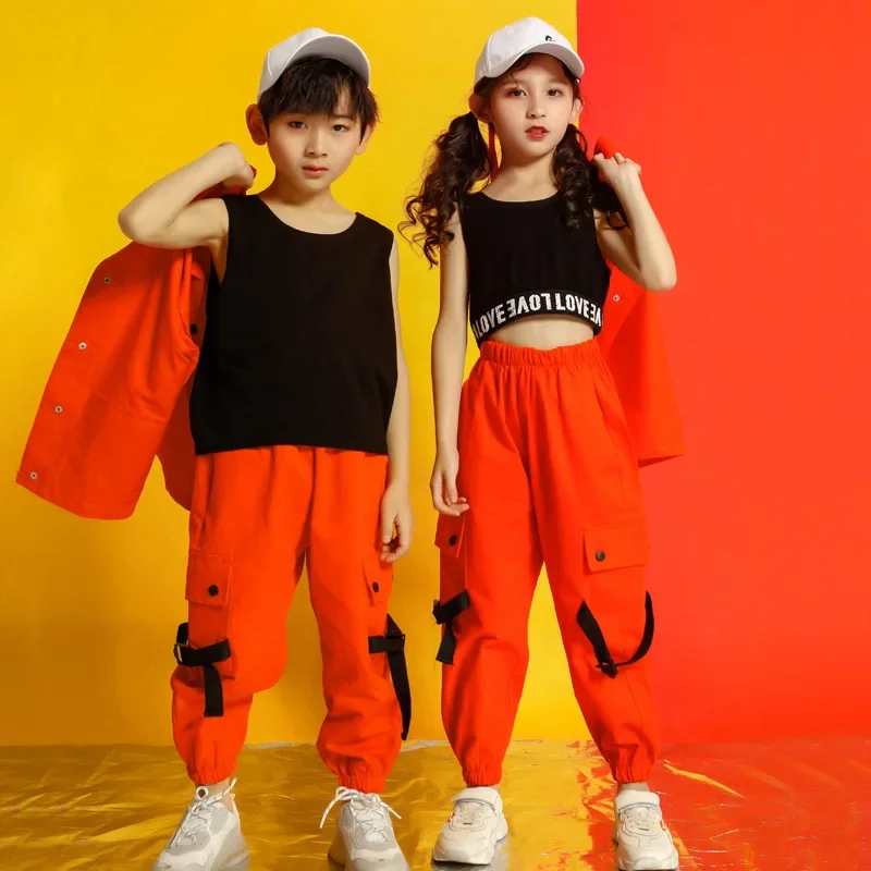 Trajes de dança jazz hip hop infantil, jaqueta laranja, calça casual solta para meninos e meninas, roupas de rua hip hop, roupa de salão