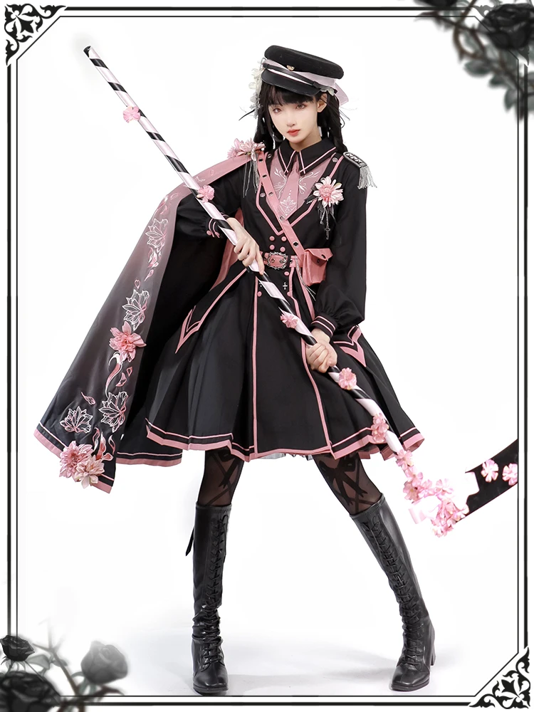 Military style Gothic Dark Pink Army lo Caped Coat uniform lolita dress cosplay suit