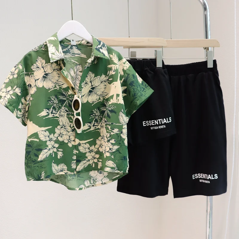 Adult Kids Print Leaf Blouse+Shorts Suit for Family Beach Vacation Tour Matching Clothes Outfits Mom Dad Girls Boys Clothes Set