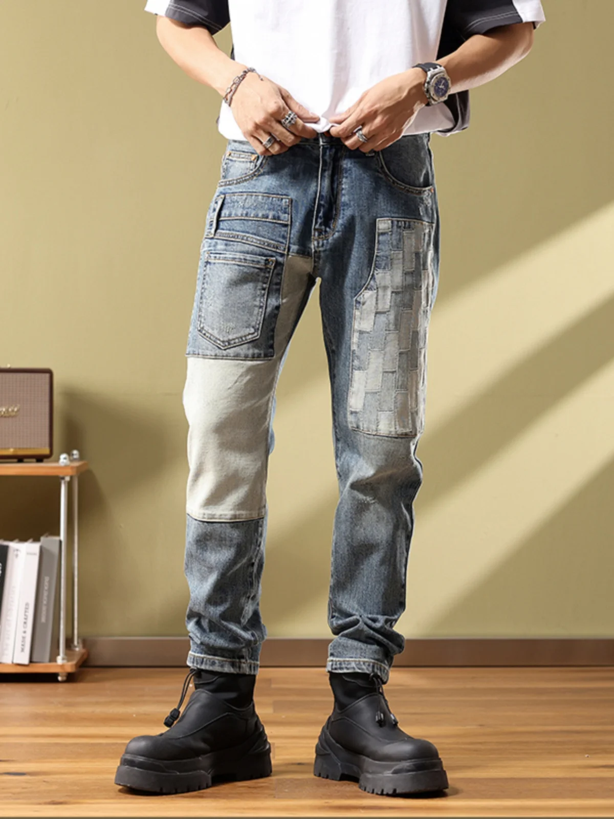 

Мужские джинсы с эффектом пэчворк и потертостями, эластичные, облегающие, модные, в стиле High Street, с множеством карманов, длинные брюки, повседневные, из хлопка, стрейч