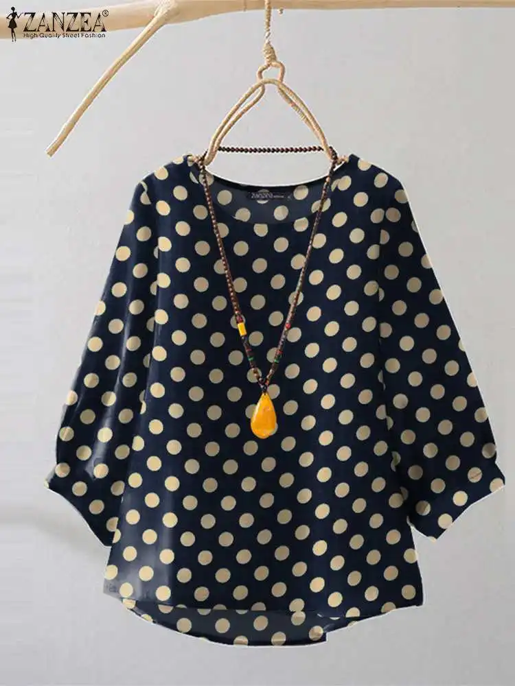 ZANZEA Women Smock Blouse Autumn Holiday Round Neck Tops Vintage 3/4 Sleeve Tunic 2024 Casual Polka Dot Printed Loose Shirts