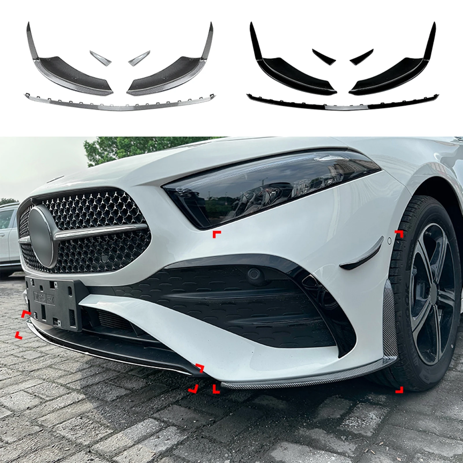 

Front Bumper Spoiler Lip+Side Air Vent Splitter Corner Cover Body Kit For Mercedes Benz A Class W177 A180 A200 A35 AMG 2023-2024