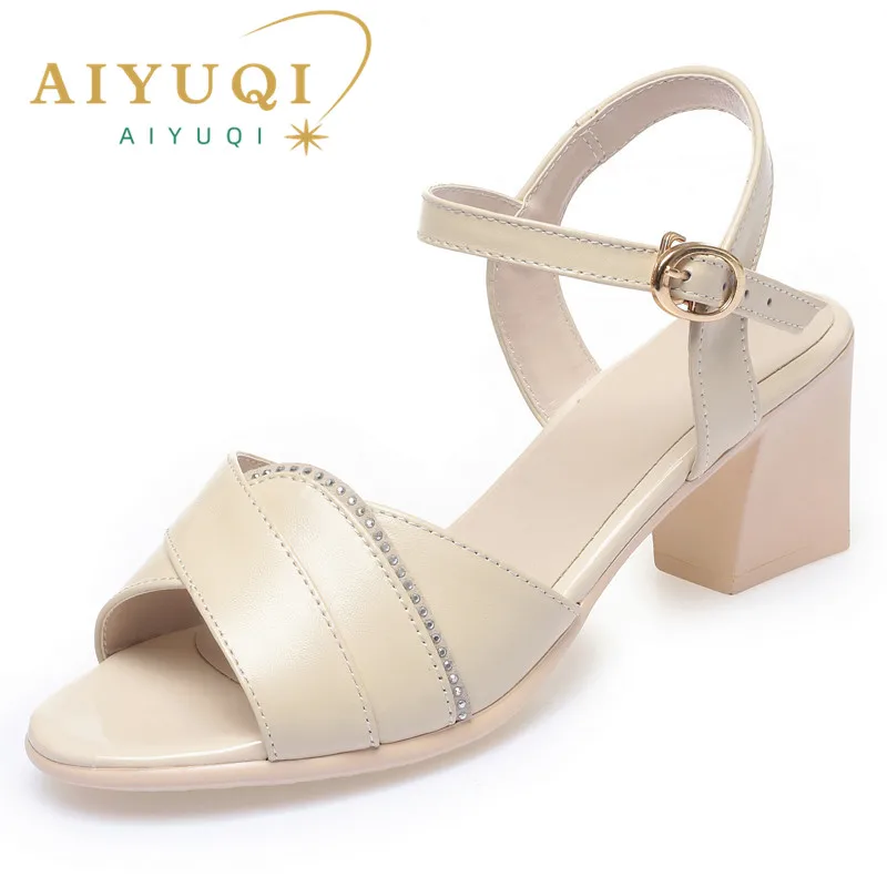 AIYUQI Fashion Sandals Women New Summer Genuine Leather Roman Sandals Women Mid Heels Fish Toe Shoes Sandals For Women