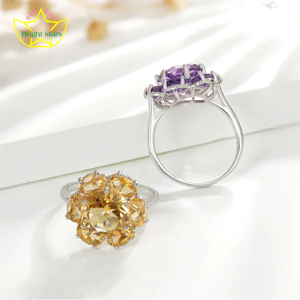 Bright Stars Fashion Flower Ring S925 Silver Natural citrine Amethyst Rings Light luxury temperament jewelry for women