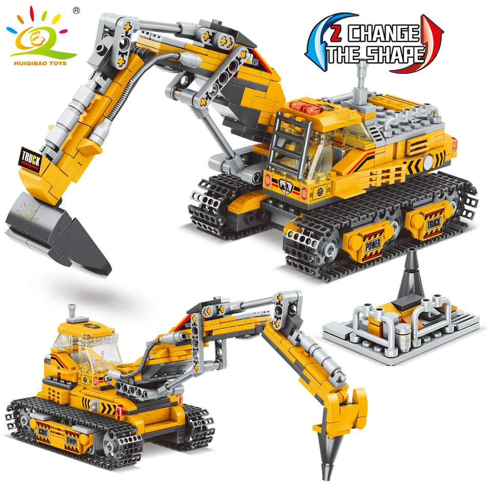 HUIQIBAO TOYS 2in1 Engineering Truck Building Blocks Crane Bulldozer Excavator Car City Construction MOC Bricks For Children Kid