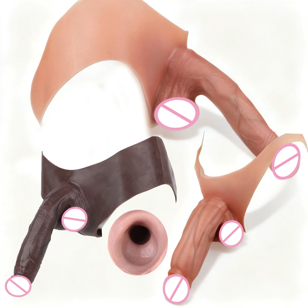 FAAK Nude Harness Wearable Penis Sleeve Underwear Strap On Dildo Silicone Panties for Men Realistic Hollow Penis For men