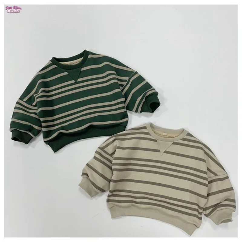 

2025 Autumn Toddler Children Top Cotton Striped Long Sleeve Sweatshirt 1-6Y Kids Boys Girls Casual Loose Pullover Outerwear