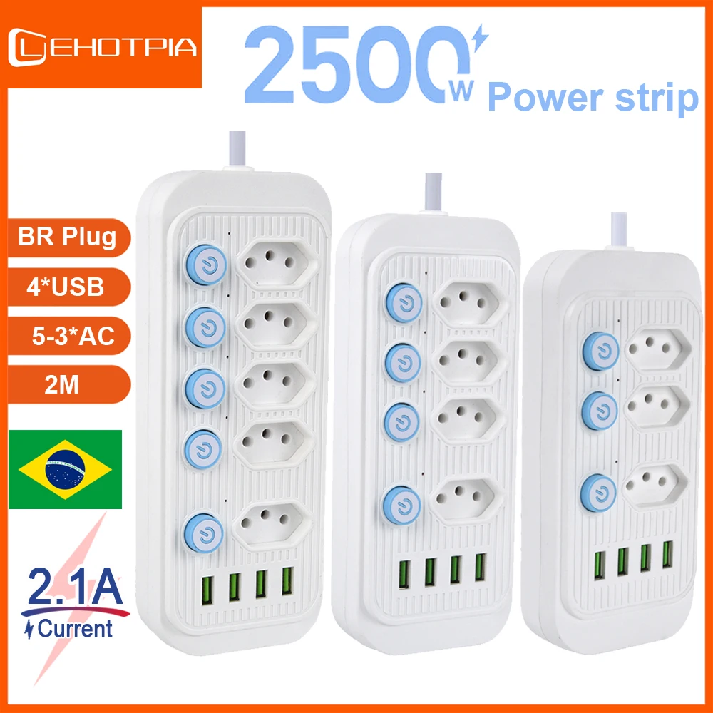 Brazil Plug Socket Power Strip With 4 USB Port Extension Cord Smart Home Line Filter Brasil AC Outlet Electrical BR Plug Adapter