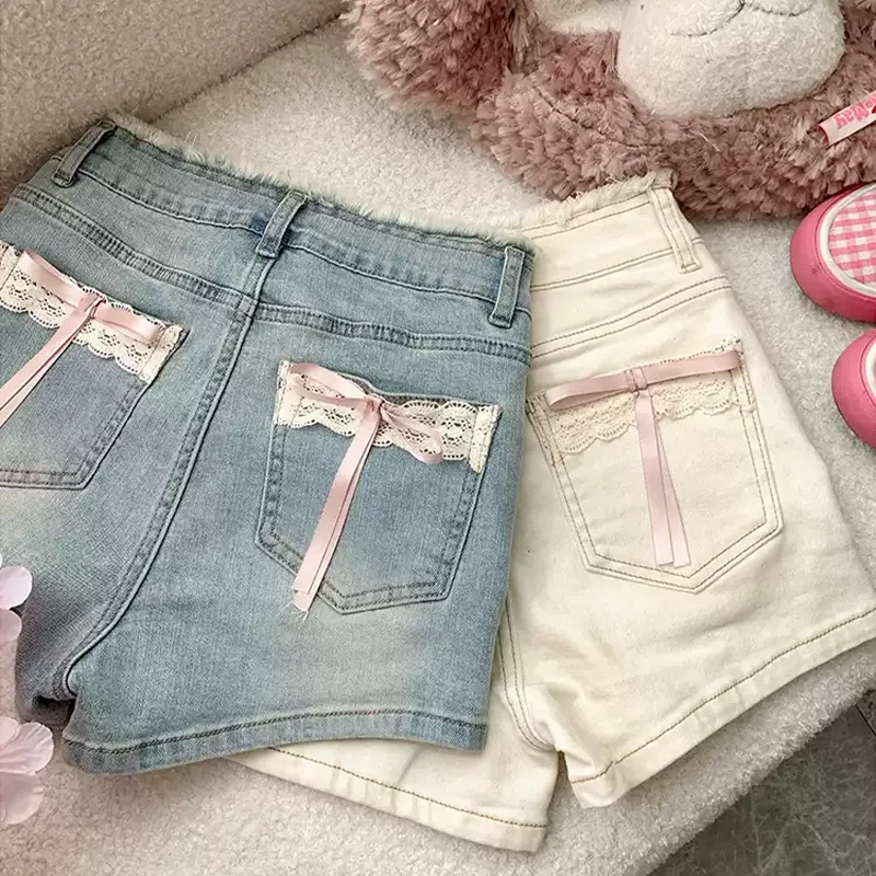 

Women's Bow Lace Shorts Jeans Y2K Harajuku High Street Cute 2000s Style Retro 90s Wide Leg Jeans Shorts Pants 2025 Clothing New
