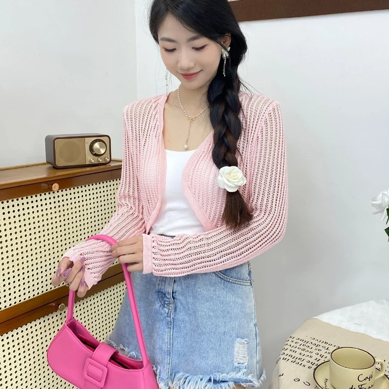 Women Korean Style Cardigan Shrugs Long Sleeve Summer Elegant Design Hollow Out Breathable Casual Harajuku Vintage Aesthetic