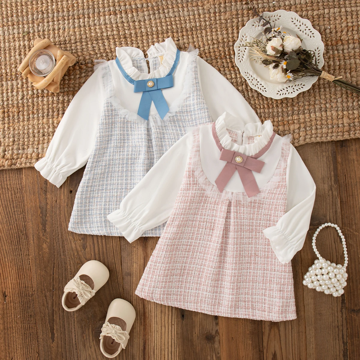 Frühling und Herbst neue süße Schleife Baby Mädchen Kleid, koreanischen Stil Kinder langärmelige Kleidung für Babys im Alter von 0–3 Jahren