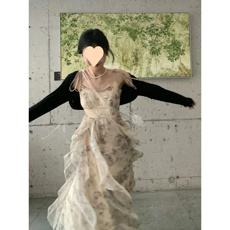 

Women's Chinese Style Ink Floral Print Spaghetti Strap Midi Dress High Waist Ruffle Hem Dress In Beige