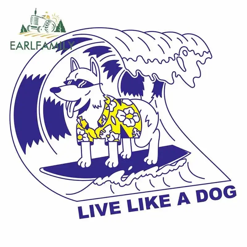 

EARLFAMILY 13cm x 10.9cm Dog Surfing Cartoon Car Stickers Live Like A Dog Custom Auto Decal Waterproof Surfboard Decoration