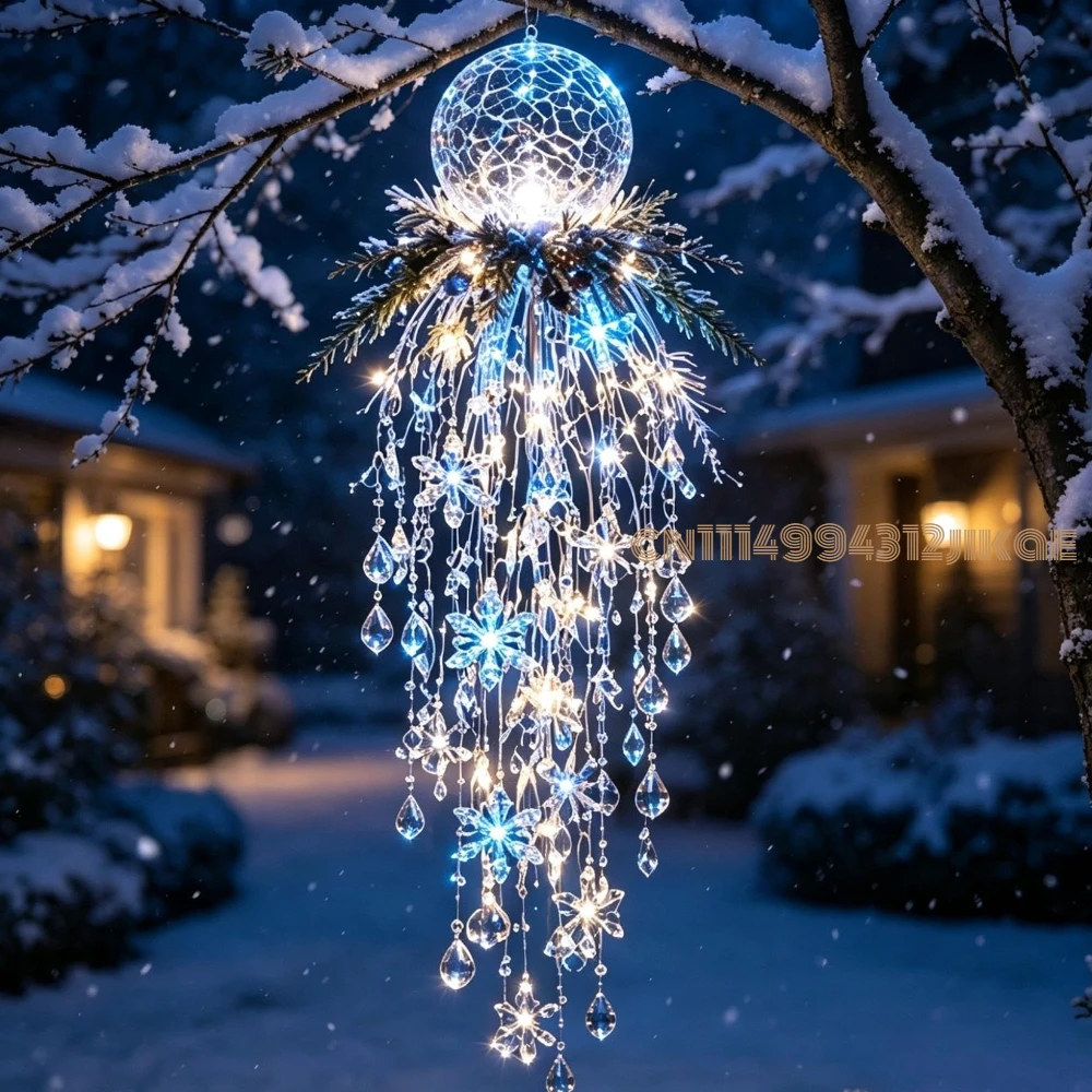 Crystal Cascade Christmas Hanging LED Light Snowflake Decor,4 Festive Styles, Crystal-Style Drops, 14 in Length