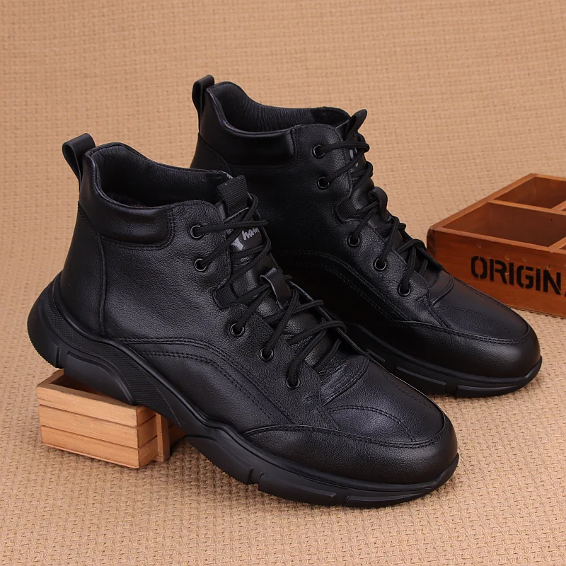 2023 New Winter Genuine Leather Warm Velvet Cotton Shoes Outdoor Men Sports Casual Shoes Handmade High-top Leather Shoes Black