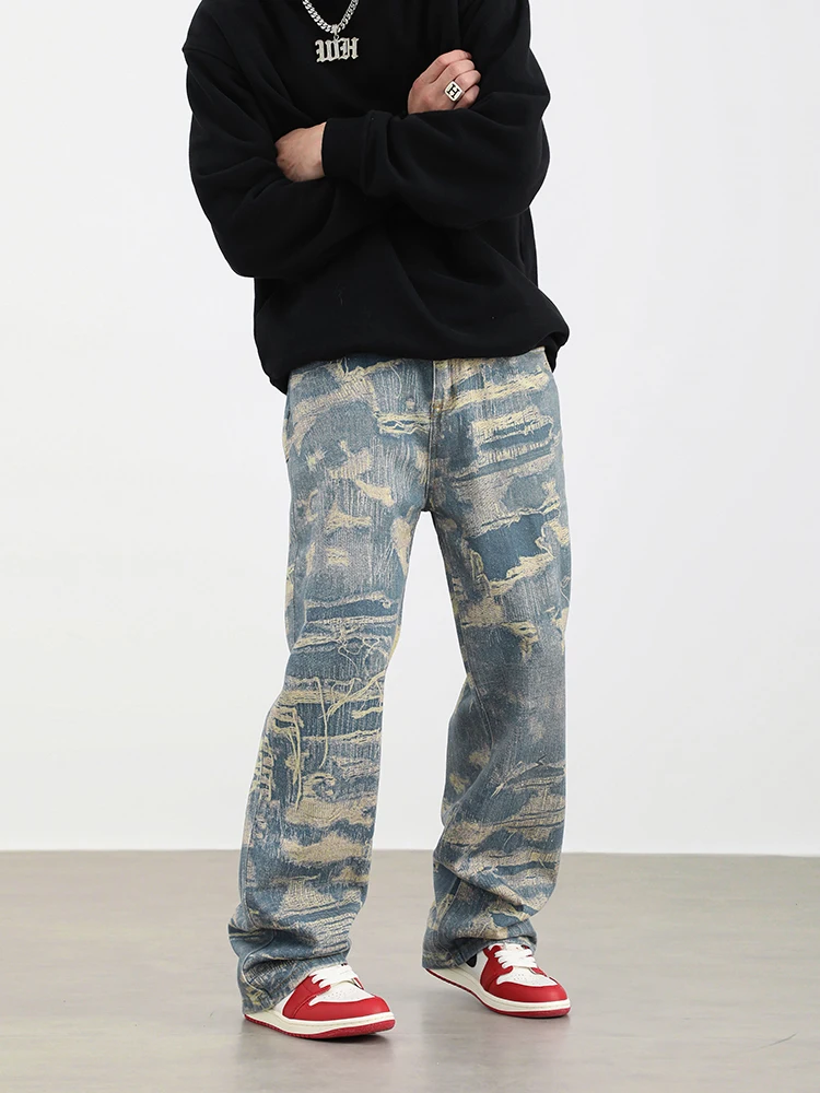 

Retro High Street Distred Patchwork Print Loose Fit Straight Leg Men's Jeans Casual Straight Leg Trousers for Youth