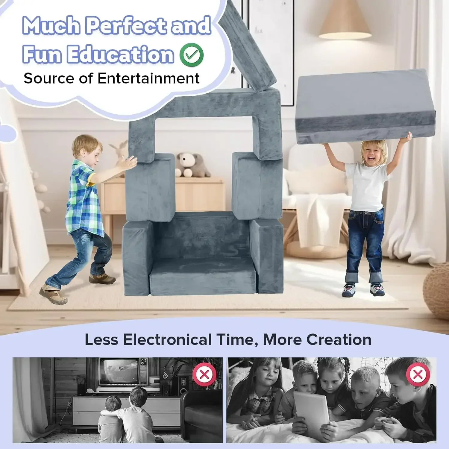 7 Pcs Modular Toddler Couch, Freely Removable Kids Chair Sofa for Playing, Creativity, Sleeping, Versatile Fold Out Baby Play Co