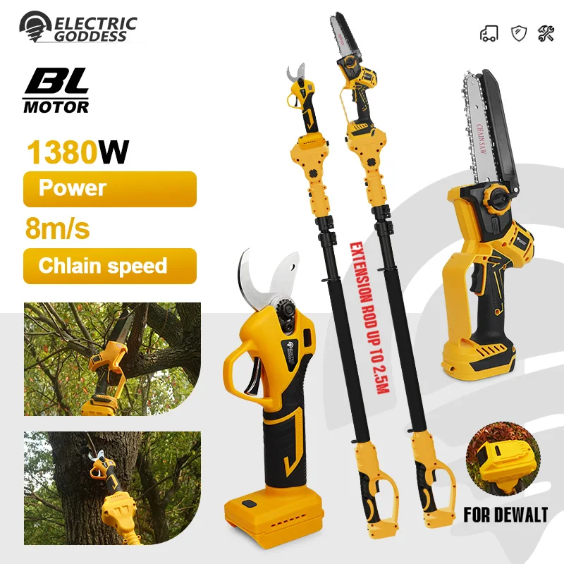Dewalt 20V 배터리 용 브러시리스 6in 전기 체인 톱 무선 텔레스코픽 톱 가위 세트 정원 가지 치기 가위