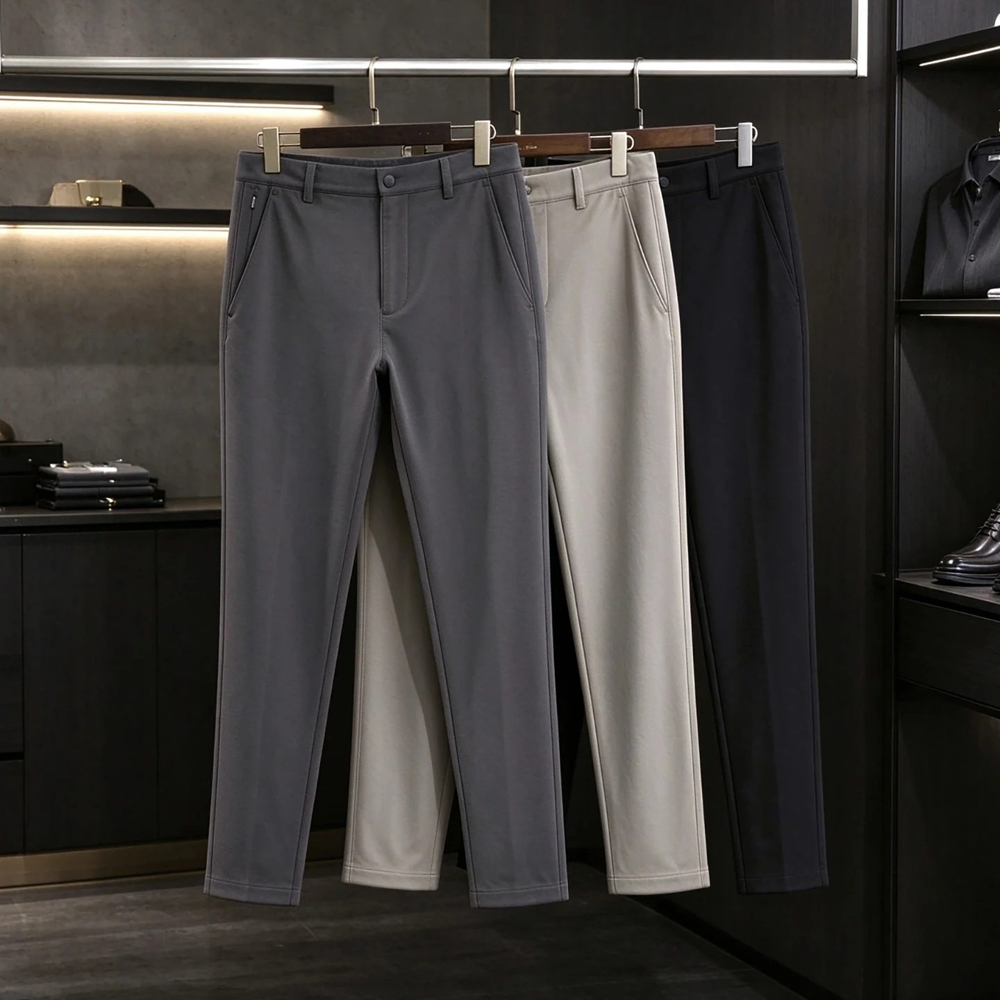High Quality Men's Casual Pants Elastic Fleece Lined Autumn Winter Straight Leg Zipper mid Waist Fashion Urban Style