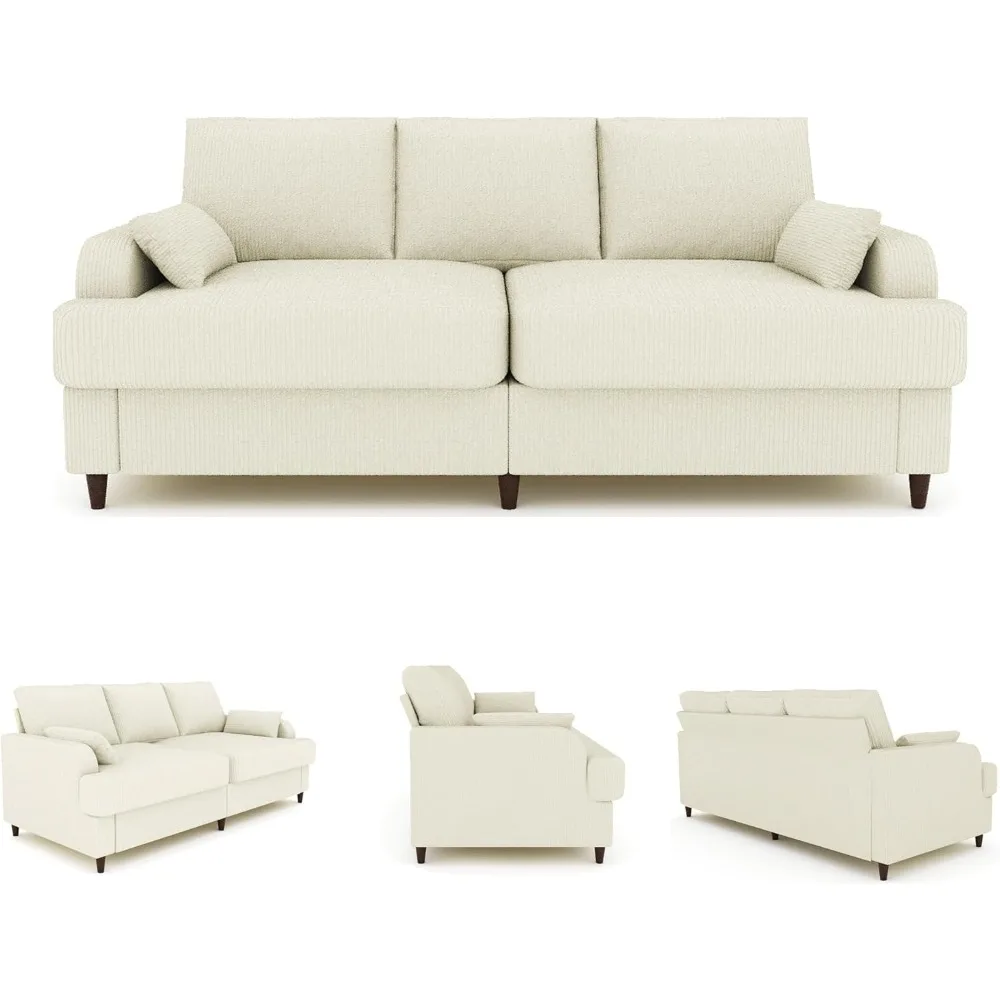 

3 Seater Couch with Deep Seats, 80" Sofa for Living Room, Cream Couches with Armrests, Corduroy Sofa for Small Space