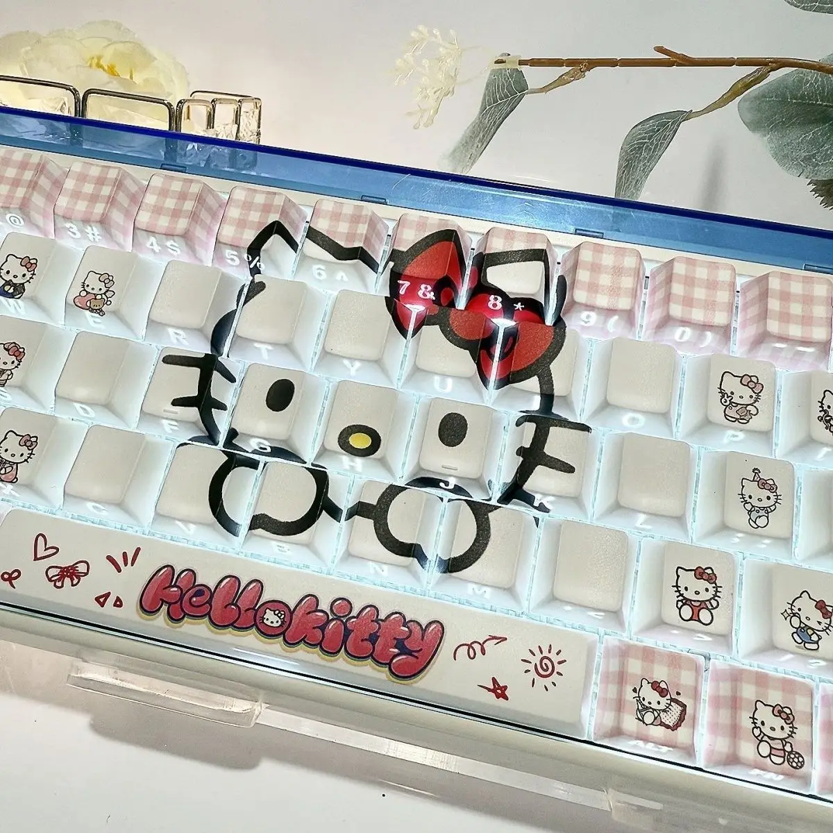 Cute Hello Kitty Transparent Keycaps Pink Clear Backlit Pbt Keycaps, Fit Cross & Satellite Axis for 60%-80% Mechanical Keyboard view 5