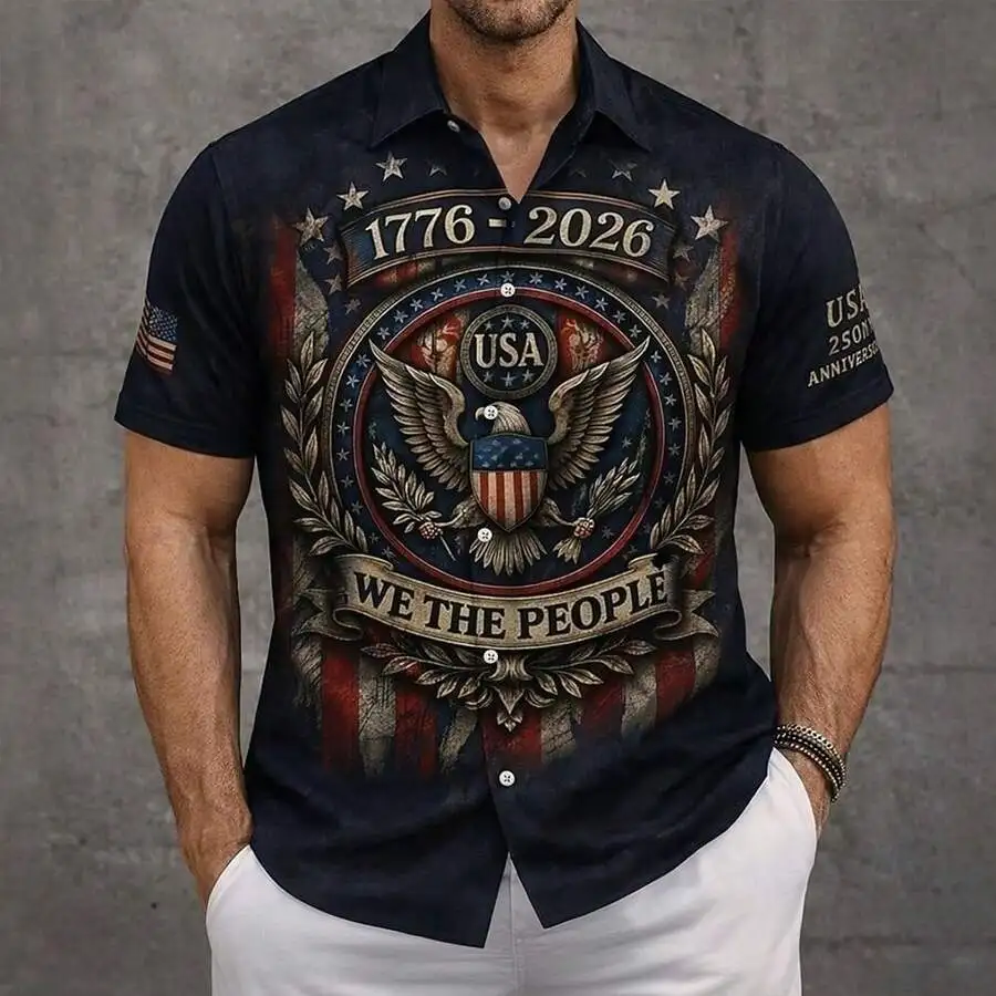 

Mens Eagle We The People 250th Anniversary Patriotic Button Up Short Sleeve Shirt