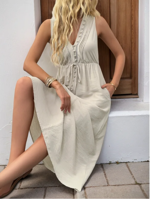 Summer Dress Woman 2025 Sleeveless O Neck Solid Color V-Neck French Dresses for Summer Women Elegant Solid Color A-Line Dress