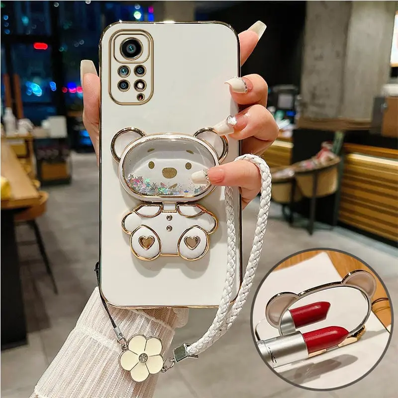 Flower Strap Mirror Bear Plating Case For Xiaomi Redmi Note 11 8 12 10 9 Pro Max 10 12 4G 5G 10s 11s 9A 9T 9C Nfc Cover