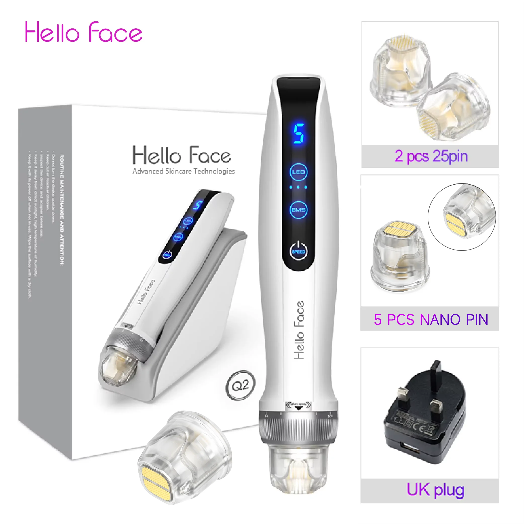 Hello Face Microneedling Pen Q2 Bio-Stift mit 7 Stück Titannadel, professioneller Derma-Stift, EMS-Therapiegerät für rotes und blaues Licht 8