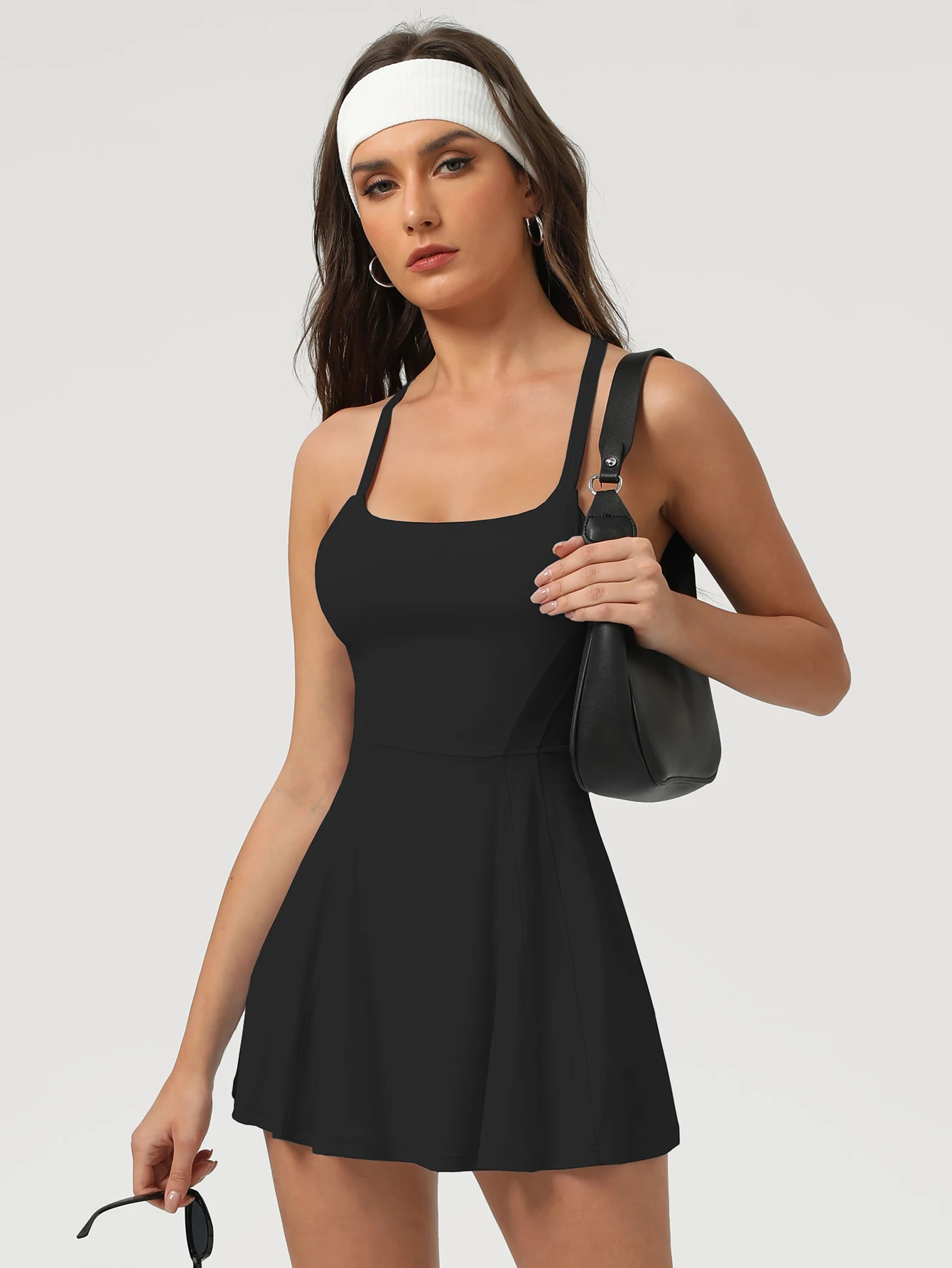 

Women Cross Back Fitness Gym Sleeveless Training Outdoor Tennis Skirt Set Backless Lined Running Casual Yoga Sport Dress