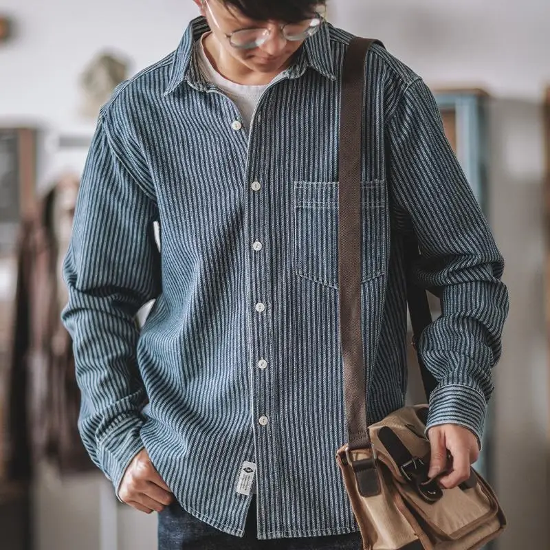 

American Sle Casual Striped irt Men's Retro Heavyweight Loose Long Sve Workwear irt Youth Trend Spring Season