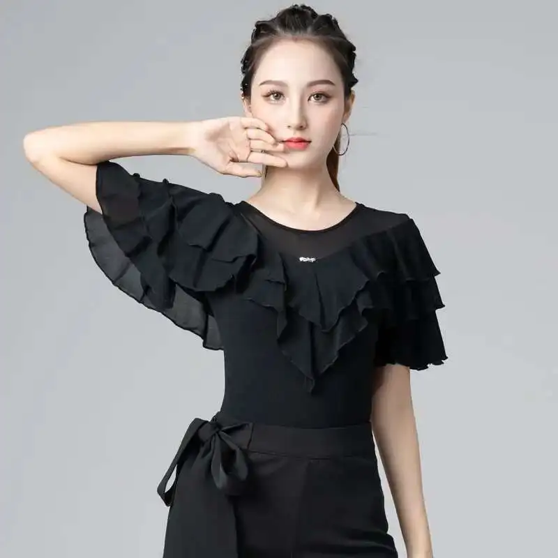 Verão novo flounce avançado camisa de dança latina feminina manga alargada topos de dança moderna competição trajes desempenho