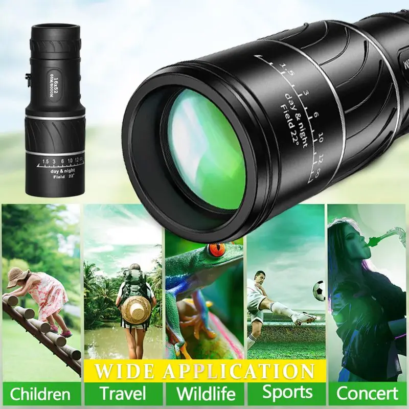 Télescope à zoom optique monoculaire portable à double focalisation, prisme Bak4, portée compacte pour adultes et enfants, camping, 16x52 HD,66 m, 8000m