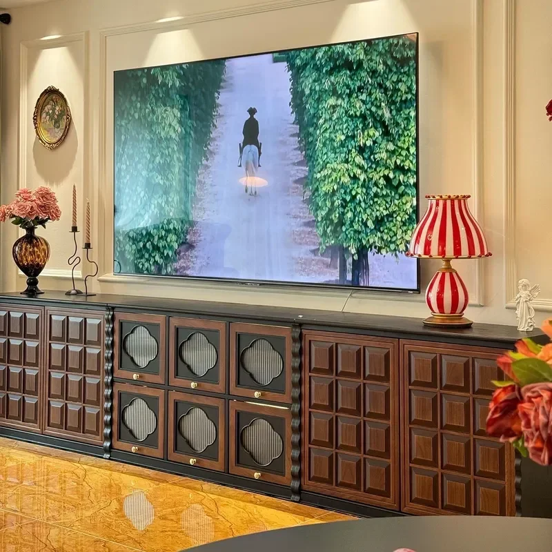 French Retro Medieval Style Solid Wood Floor to Ceiling TV Cabinet Four Leaf Clover Modular Combination Storage Display Unit