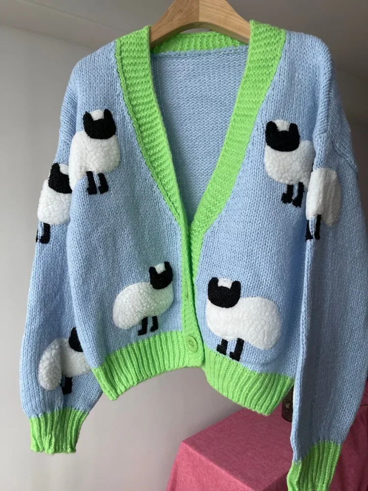 Sheep Pattern Chunky Cardigan Button Front Cute Cartoon Sweater Long Sleeve V Neck Autumn Women Jumper Knitwear