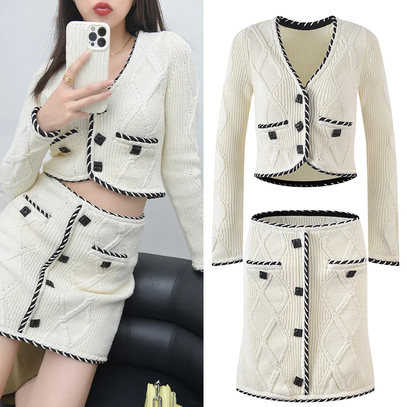 Elegant Lady White Tweed Skirts Set Vintage Deep V Long Sleeve crop Cardigan Coats Spring 2024 High Waist Knitted Skirt Suit