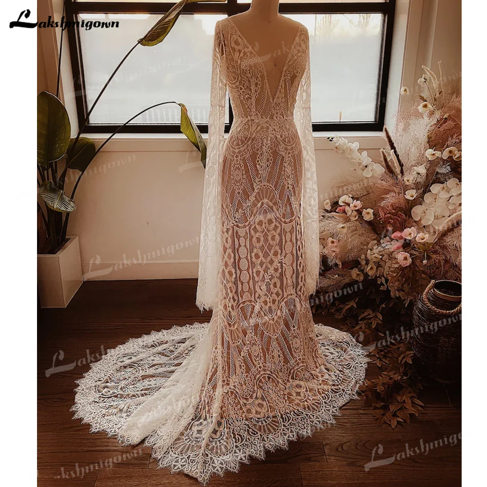 Bohemian Bell Mouwen Strand Jurk Elopement Plunning V-hals Trouwjurk Elegante Bruidsjurken Tule Chiffon Applicaties