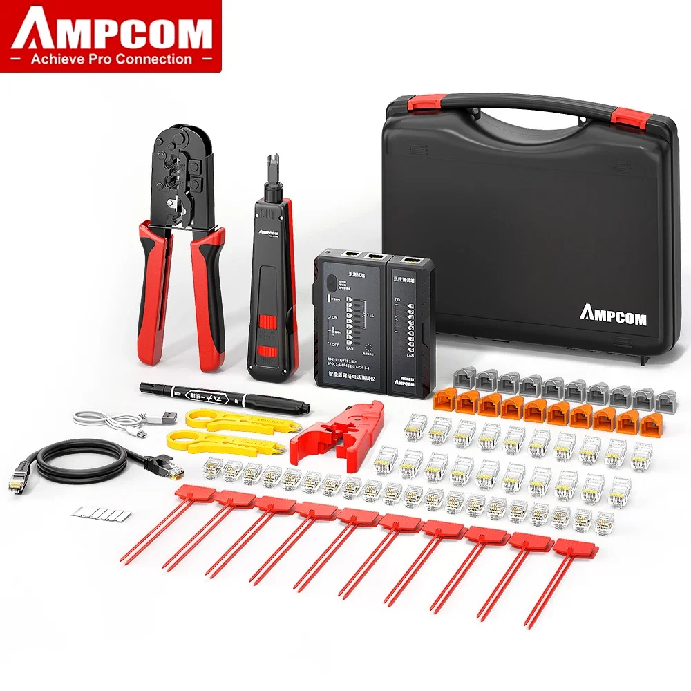 AMPCOM Network Tool Kit, Lan Tester RJ45 Crimper Cat6 CAT5E Connectors RJ11 Punch Down Tool Wire Stripper Pliers Ethernet Cable