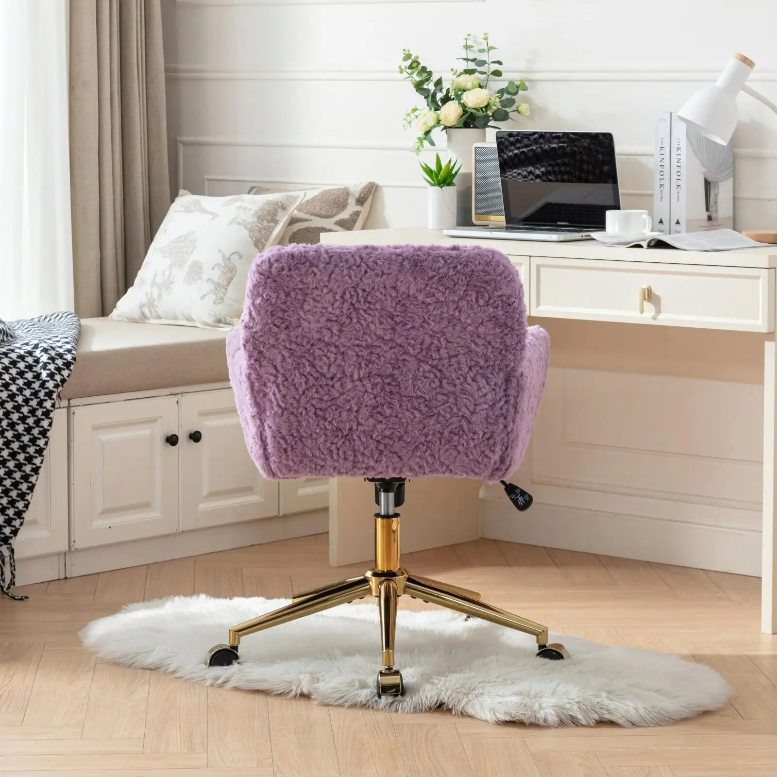 

Violet AI Rabbit Hair Office Chair with Golden Metal Base, Adjustable Swivel Desk & Vanity Chair for Home