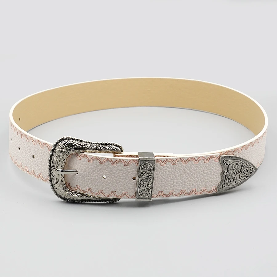 White Border Women's Belt, Solid Color Casual Printed Belt, Silver Carved Alloy Buckle, Suitable for Daily Commuting and Dating