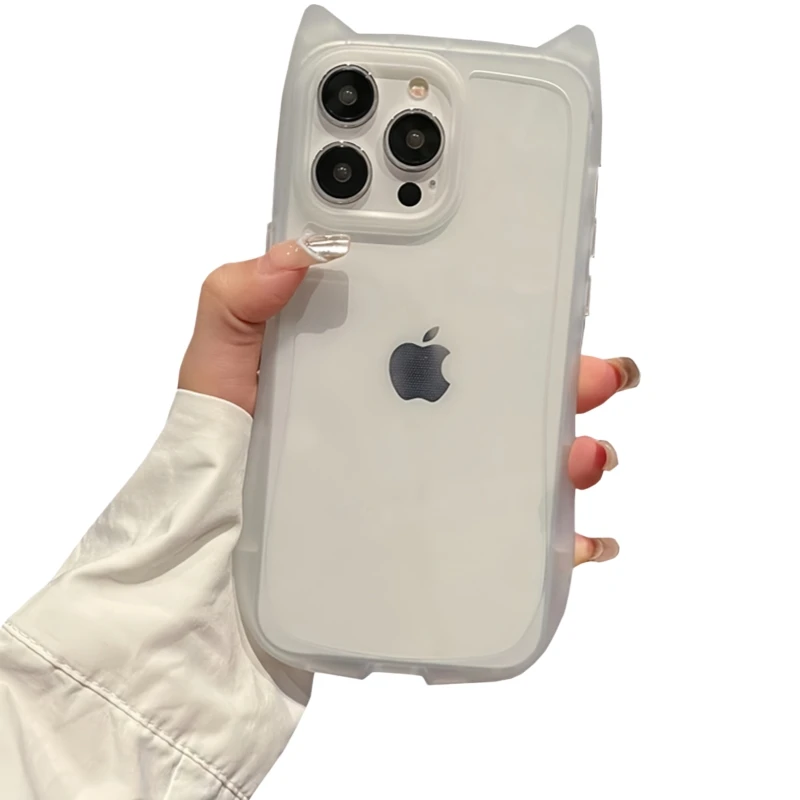 Funda de teléfono linda transparente con orejas de gato y correa colgante para iPhone 16 Pro Max 15 Pro Max 14 13, estilo coquette minimalista protectora 6
