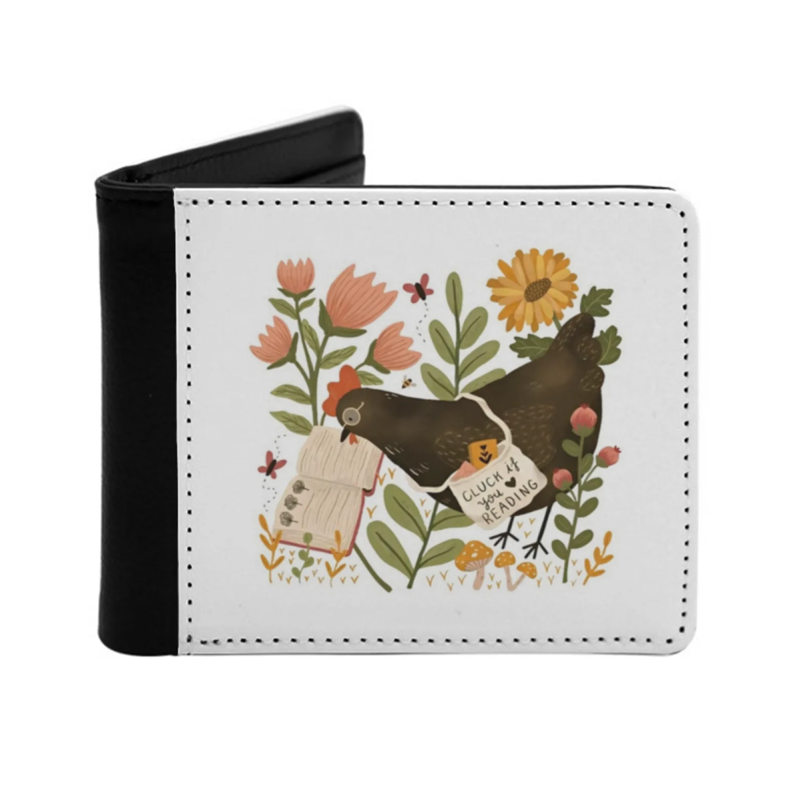 

Chicken Reading A Book Personalized Men's Leather Wallet Credit Card Pouch Purse Library Book Lover Bookworm Chicken Flowers